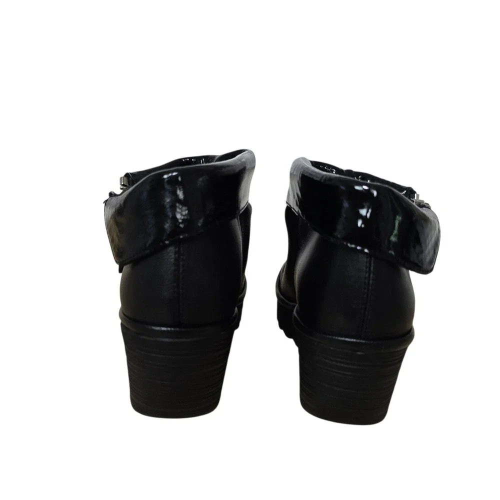 Fly London Yip Black Leather Wedge Ankle Boots Patent Trim Size 40 US 9